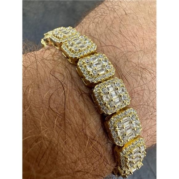Men’s Real Solid 925 Silver 14k Gold Plated Baguette Tennis Bracelet Iced CZ